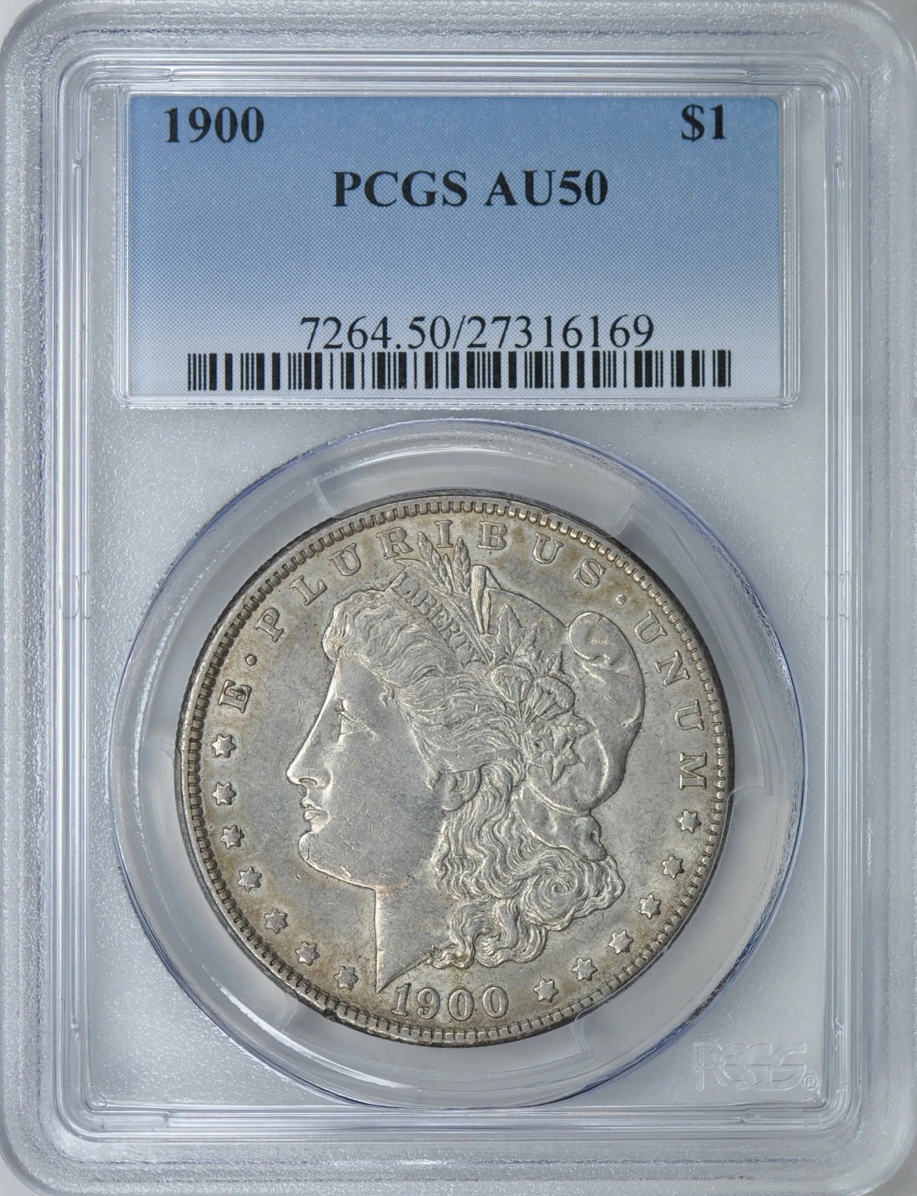 Obverse of a 1900 Morgan dollar, PCGS AU50
