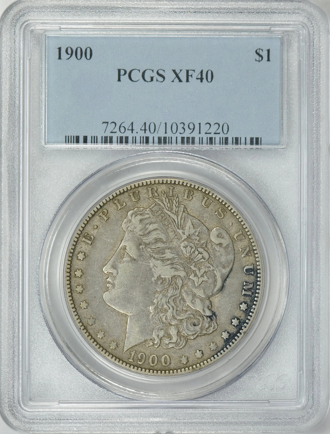 Obverse of a circulated 1900 Morgan dollar, PCGS XF40