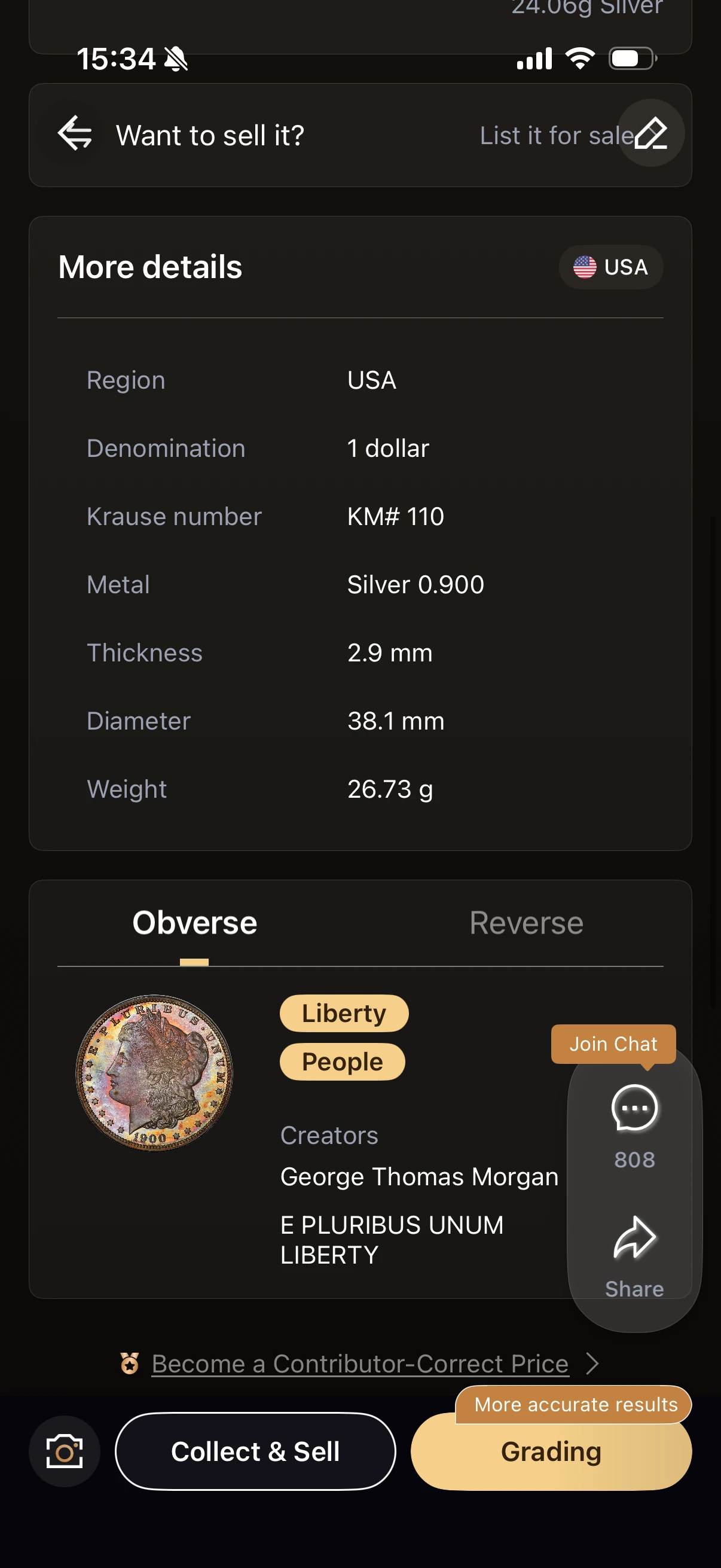 HeriBase specification screen showing 90 percent silver, 38.1 mm diameter and 26.73 g weight