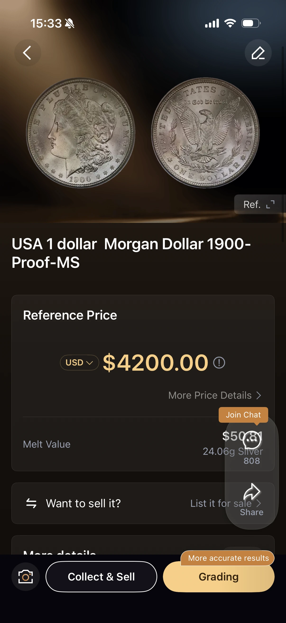 HeriBase identification result showing 1900-Proof-MS and a USD 4200 reference price
