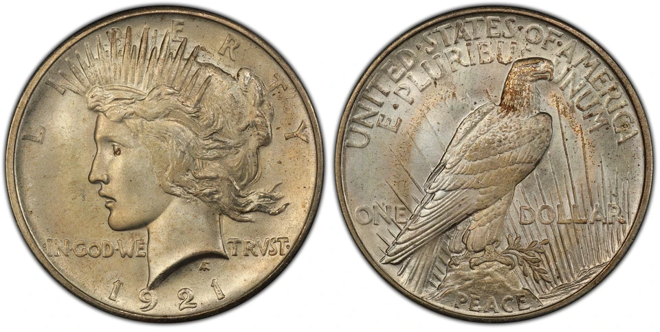 1921 Peace dollar obverse and reverse, showing Liberty with a radiating crown and a perched eagle above PEACE