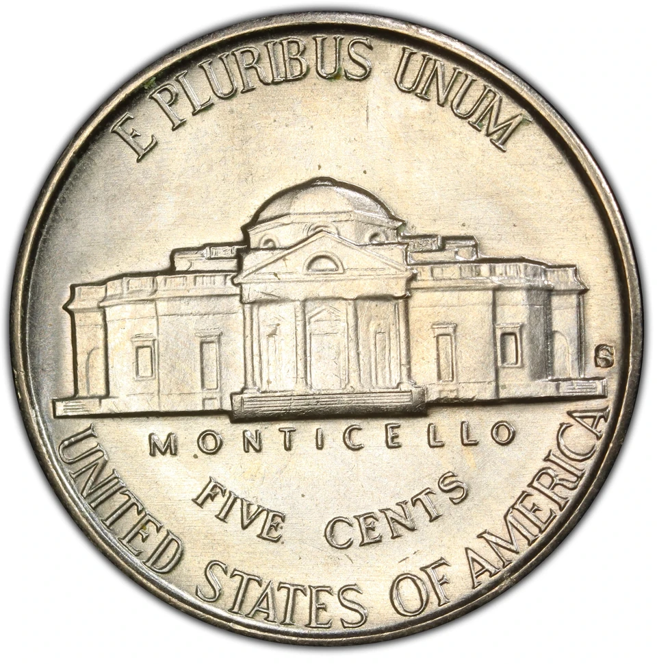1941-S Jefferson nickel reverse, example 1, showing Monticello and its steps