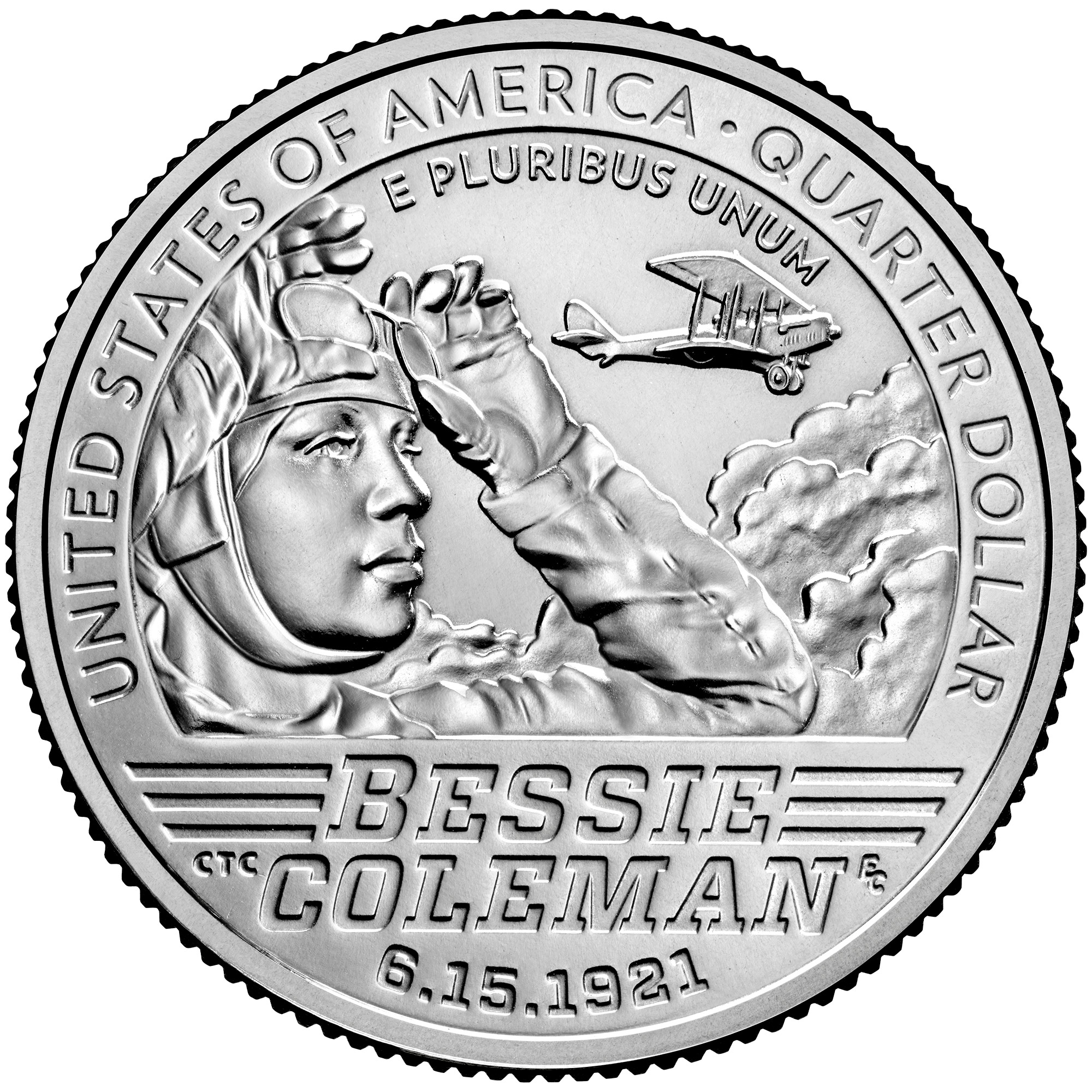 2023 Bessie Coleman quarter reverse: Coleman looks upward as she prepares for flight, with an airplane behind her.