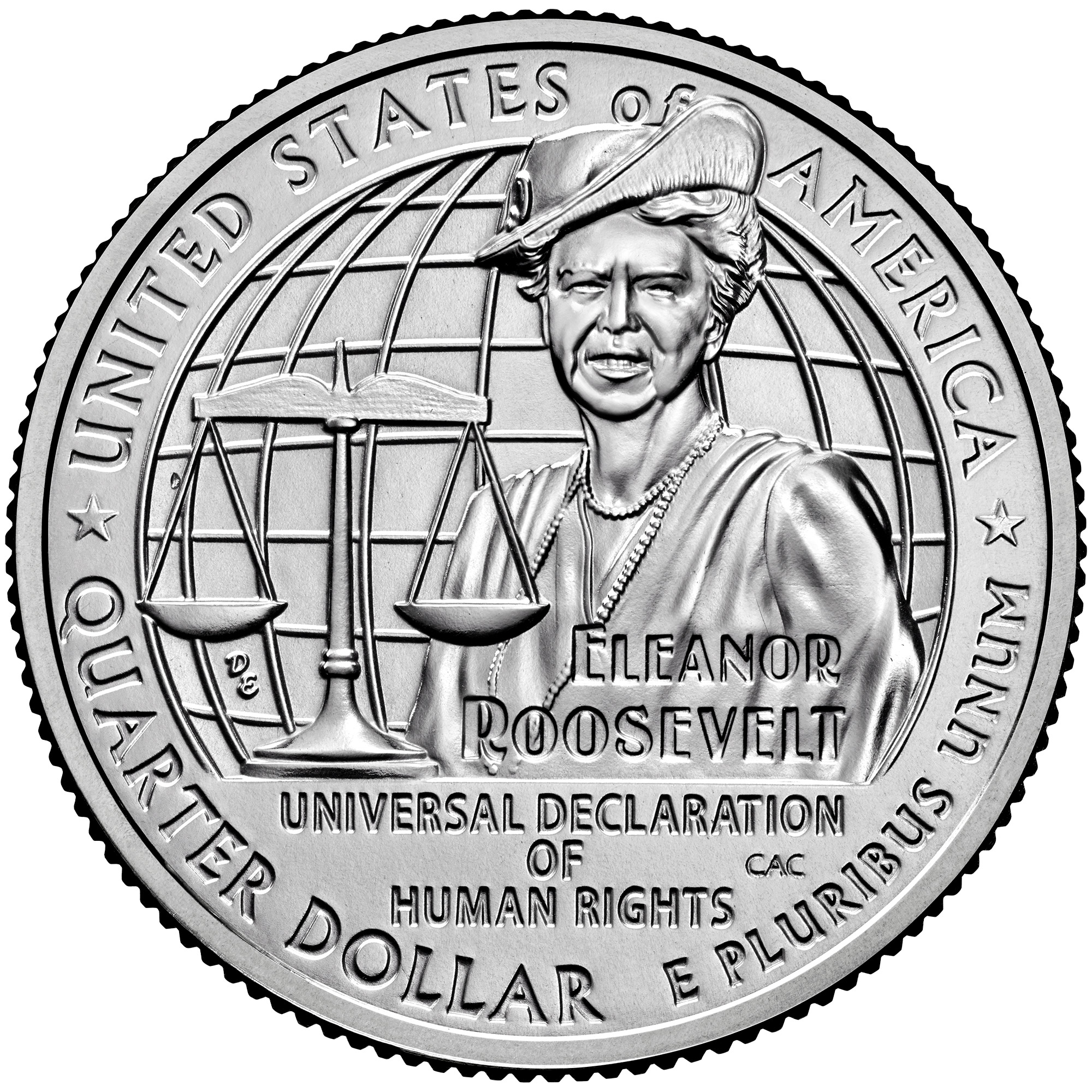 2023 Eleanor Roosevelt quarter reverse: Roosevelt appears beside scales, with a globe-like grid behind her.