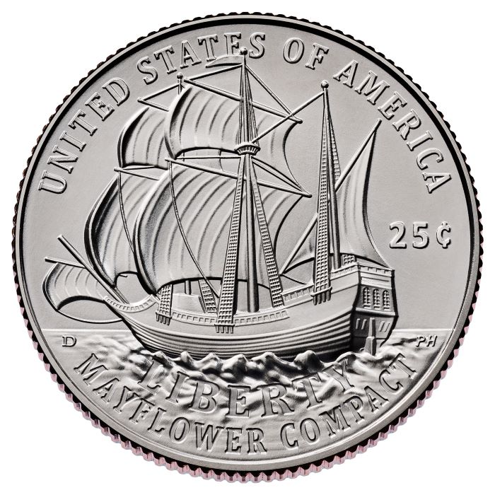 Mayflower Compact · reverse: The Mayflower sails through rough seas.