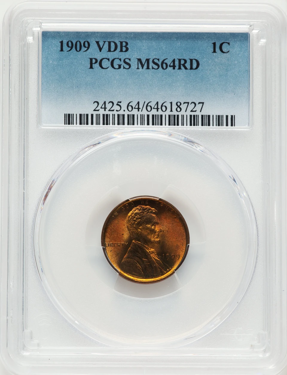 PCGS MS64RD obverse and holder where shown