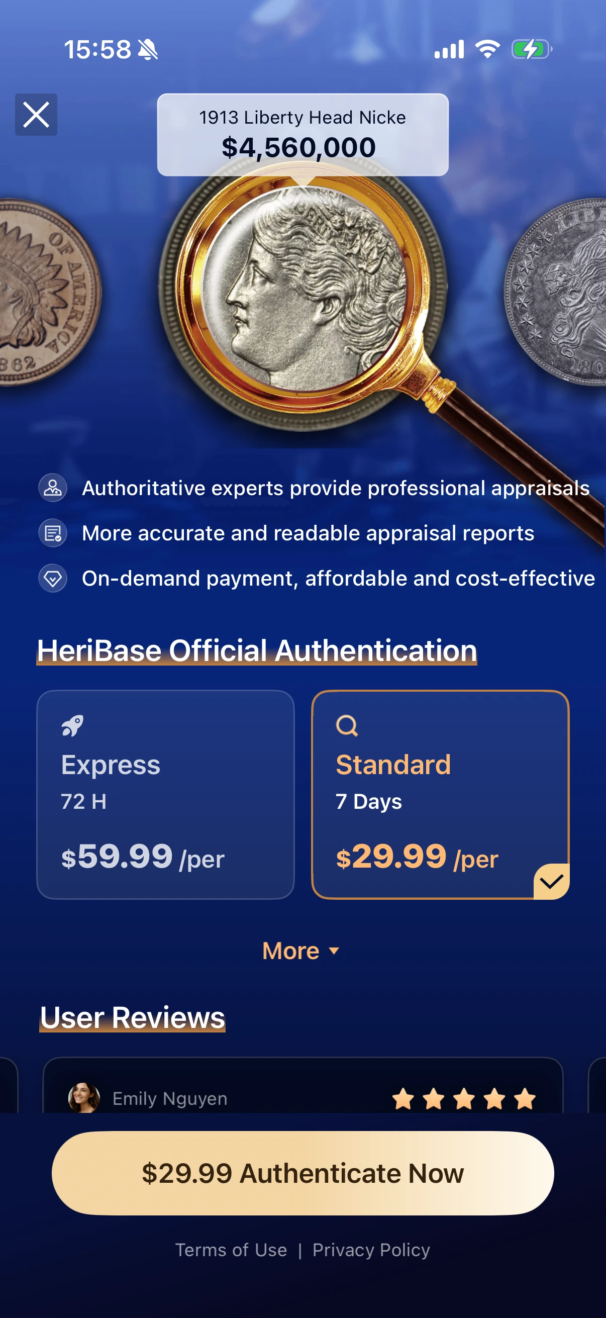 HeriBase expert appraisal screen showing Express and Standard service options.