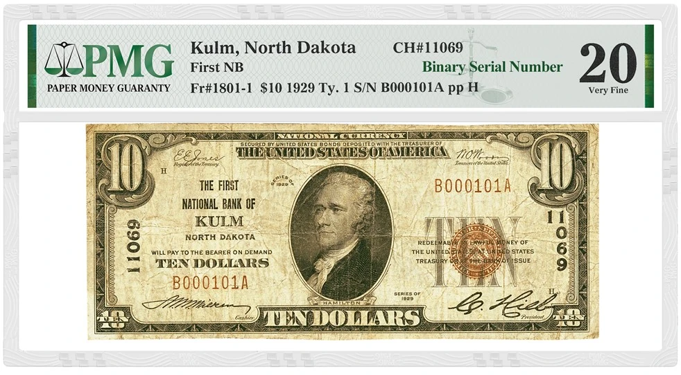 Series 1929 Kulm North Dakota $10 National Bank Note, six-digit binary serial B000101A, in a PMG holder