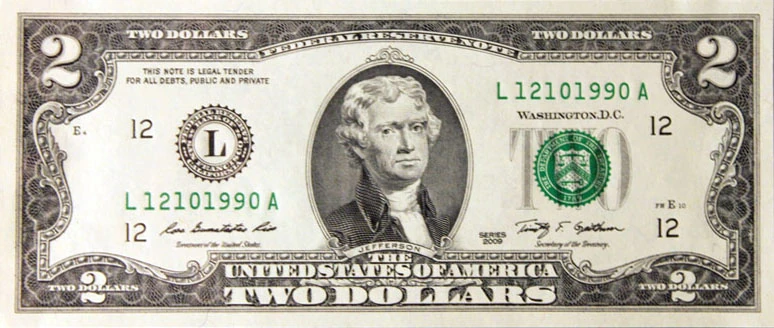 Series 2009 US $2 note with serial L12101990A, readable as December 10, 1990 in month-day-year order