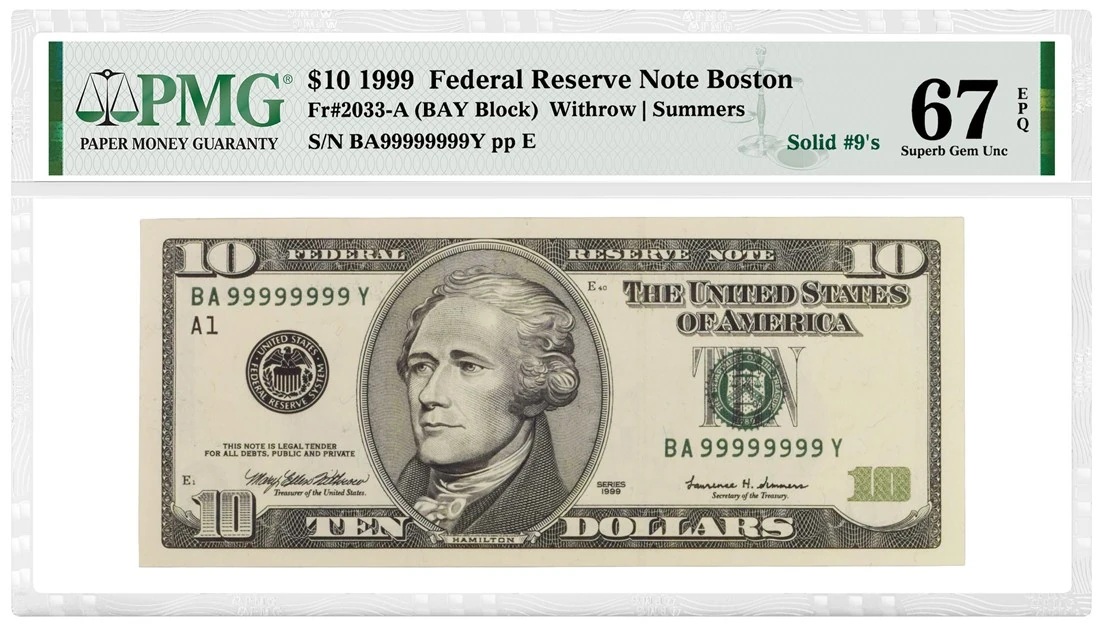 Series 1999 US $10 Boston note, solid-9 serial BA99999999Y, one member of the twelve-note auction set