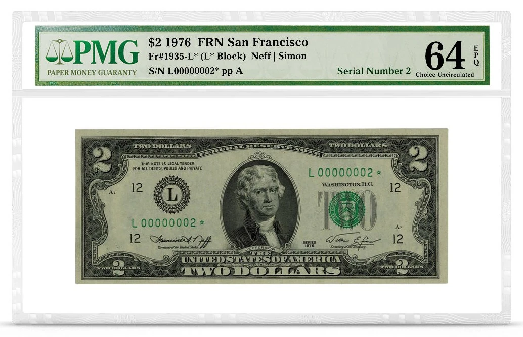 Series 1976 US $2 replacement note, San Francisco, serial L00000002 star, in a PMG holder
