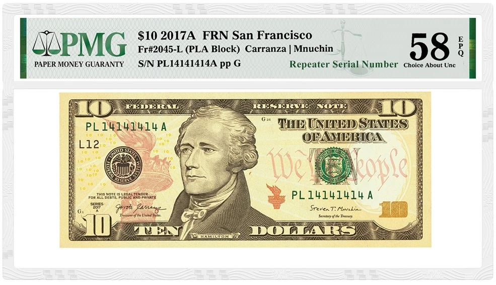 Series 2017A US $10 San Francisco note, serial PL14141414A repeating 14 four times, in a PMG holder