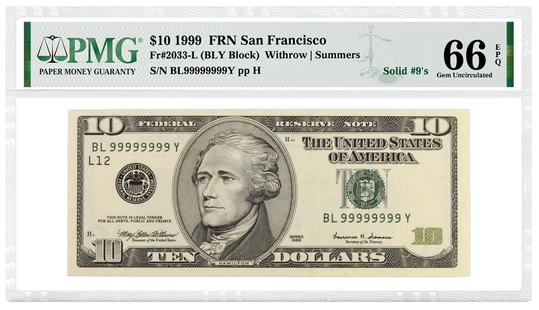 Series 1999 US $10 San Francisco note, solid-9 serial BL99999999Y, another member of the same twelve-note auction set
