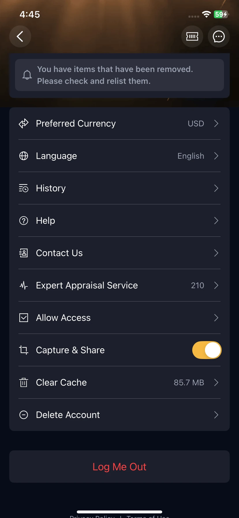 Profile settings with Delete Account and Log Me Out.