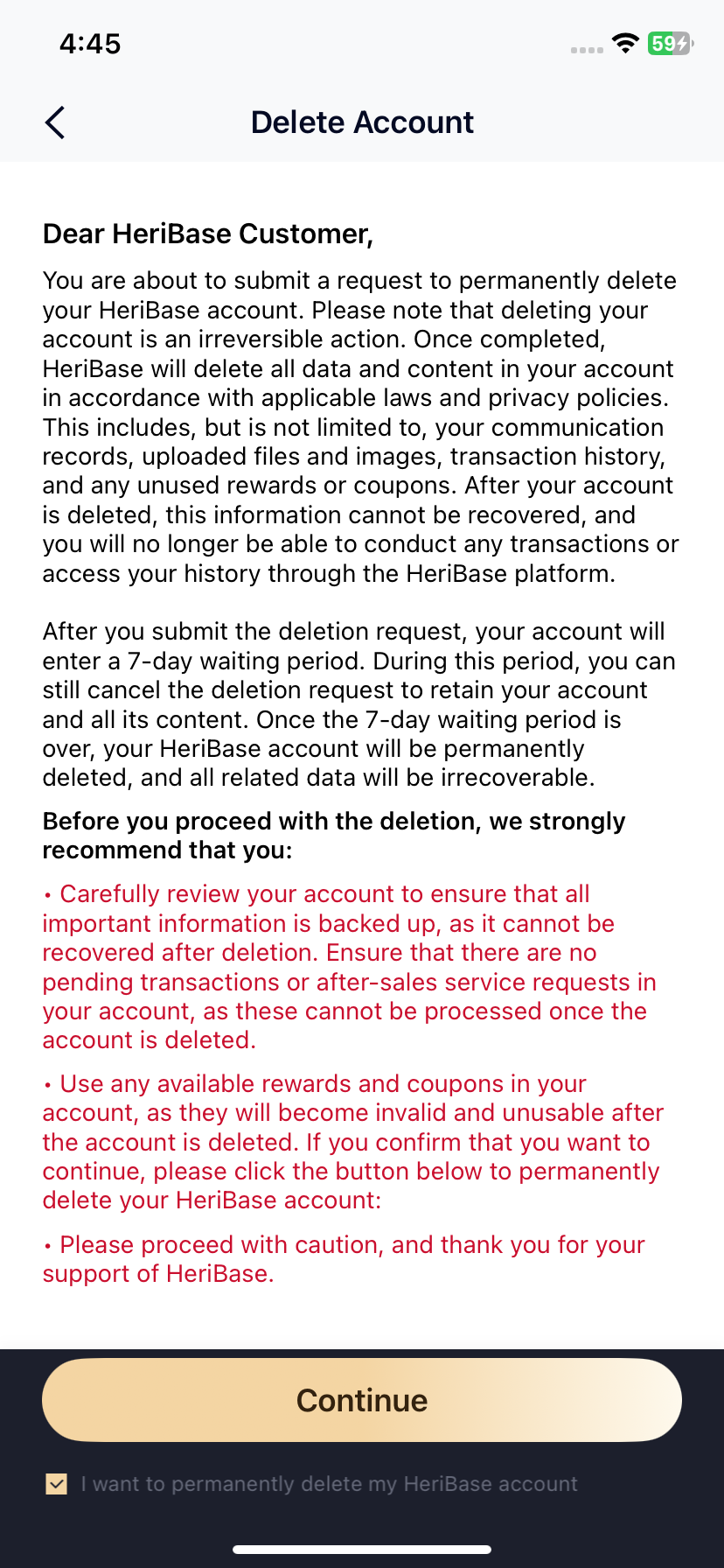 Delete Account notice with a seven-day waiting period and Continue button.