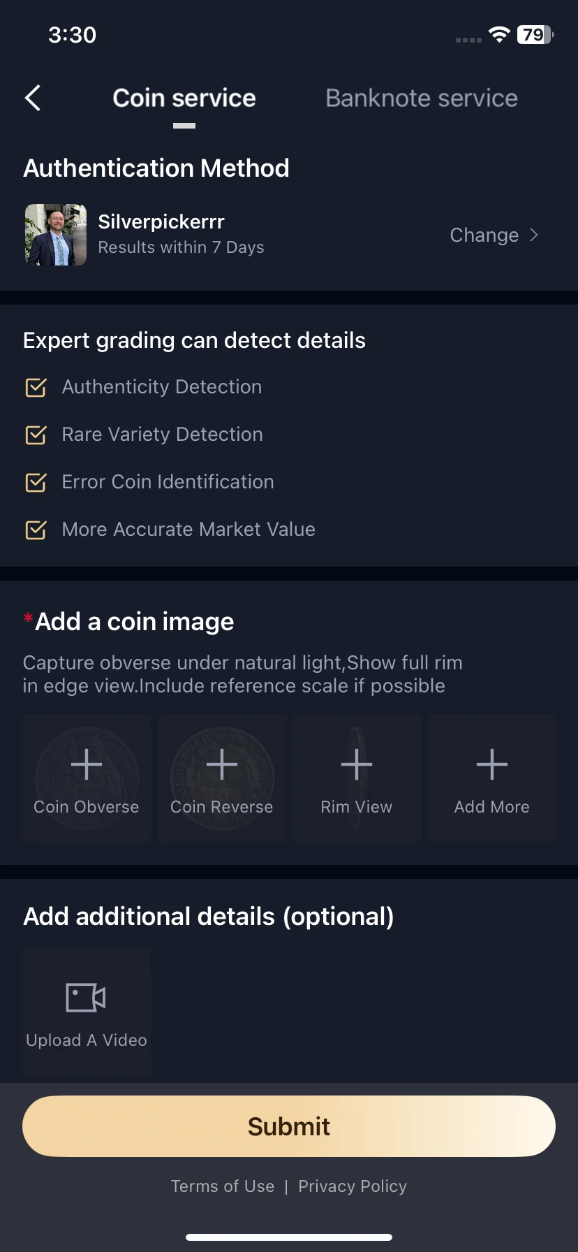 Coin service submission with obverse, reverse and rim-view photo slots.