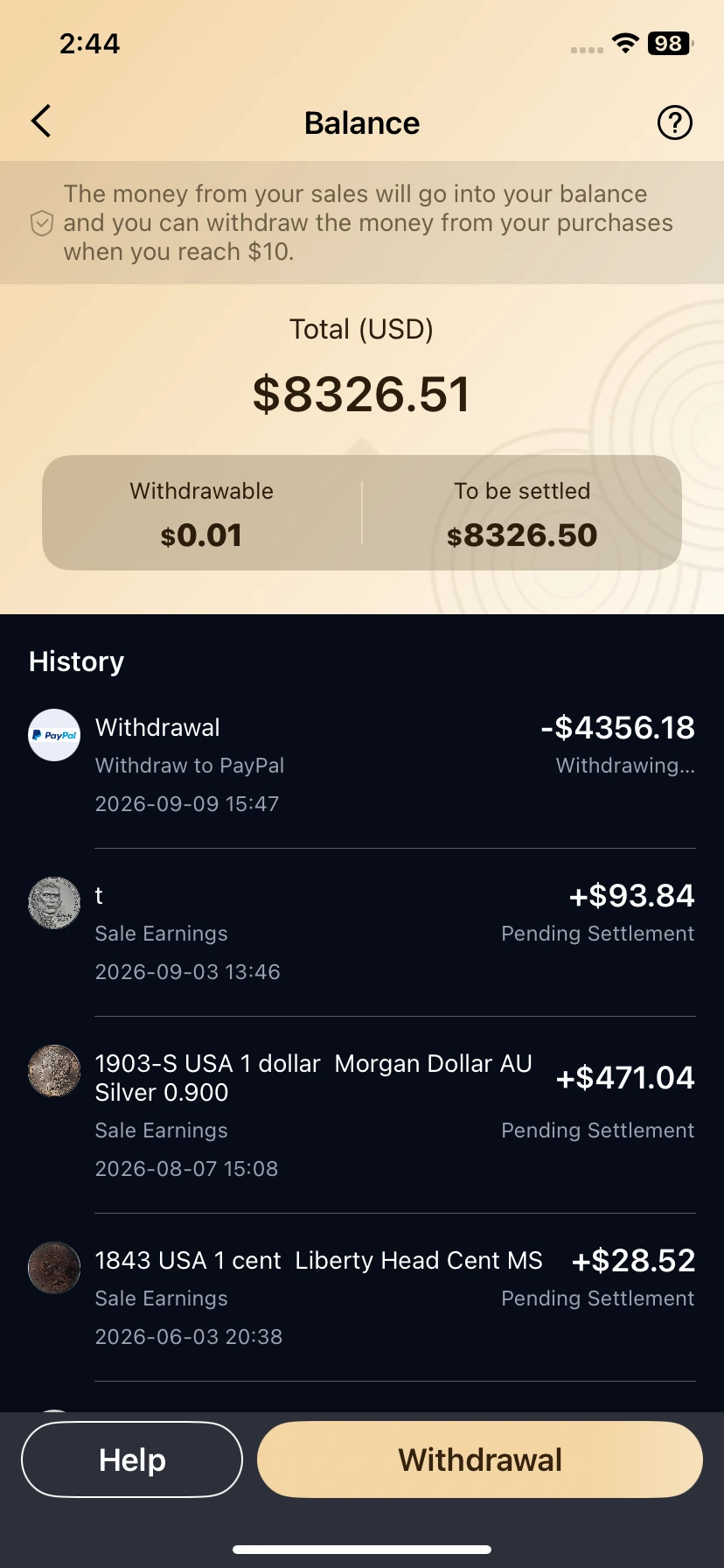 Balance separates Withdrawable, To be settled and transaction history.