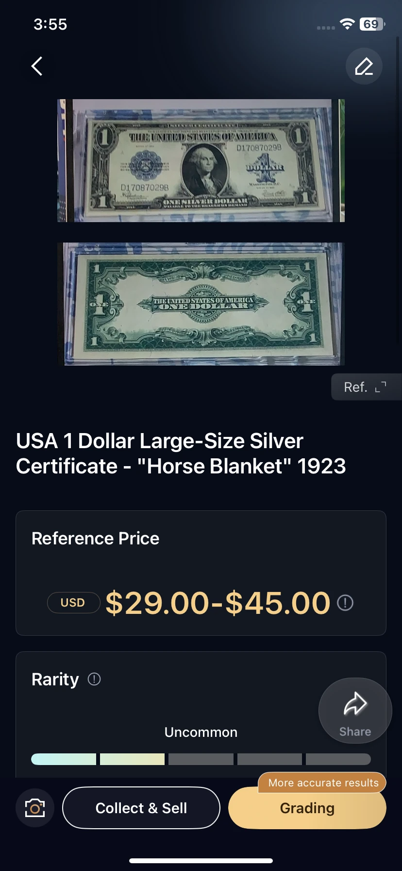 HeriBase result identifying a 1923 US one-dollar large-size silver certificate