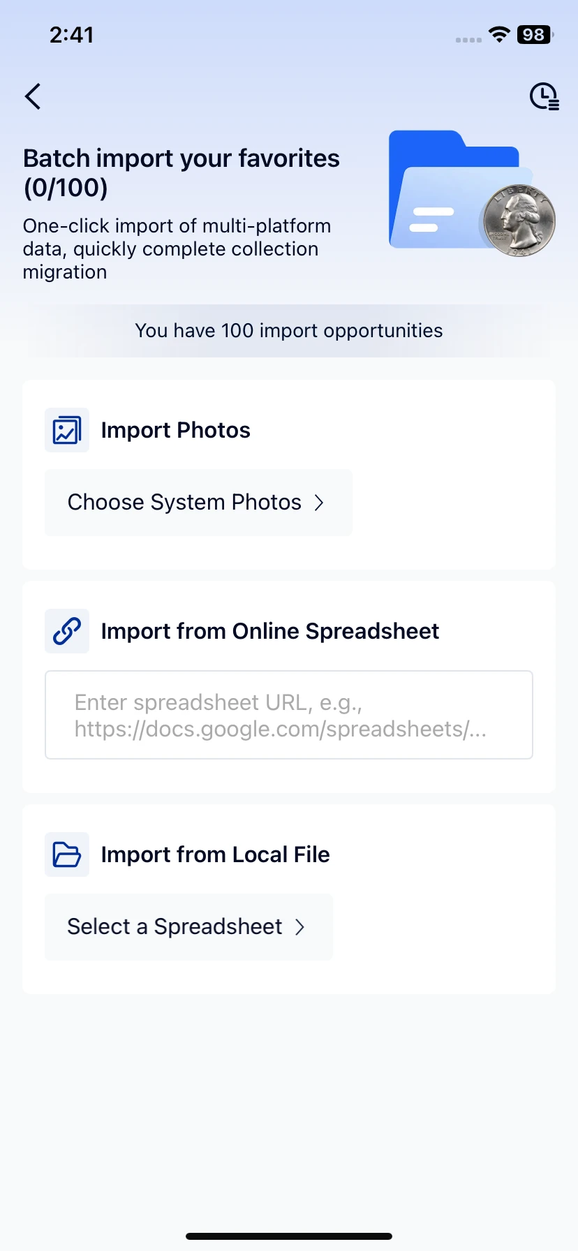 Batch import supports system photos, an online spreadsheet and a local spreadsheet.