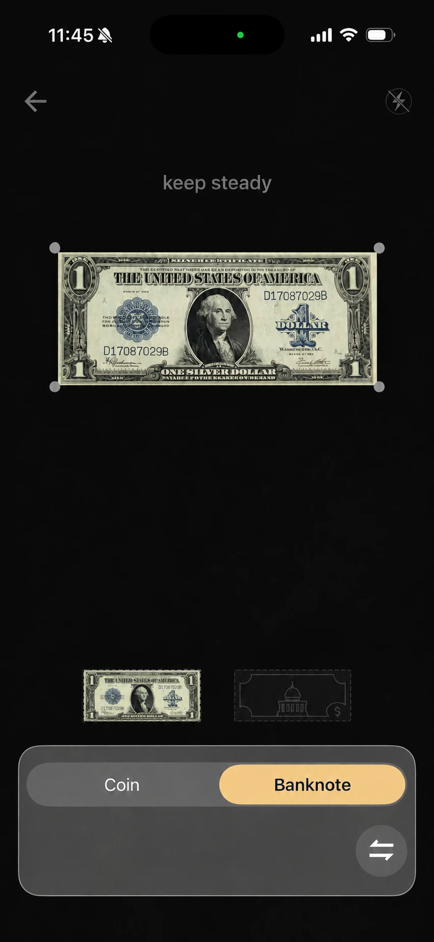 HeriBase capture screen with Banknote selected and a full note in view