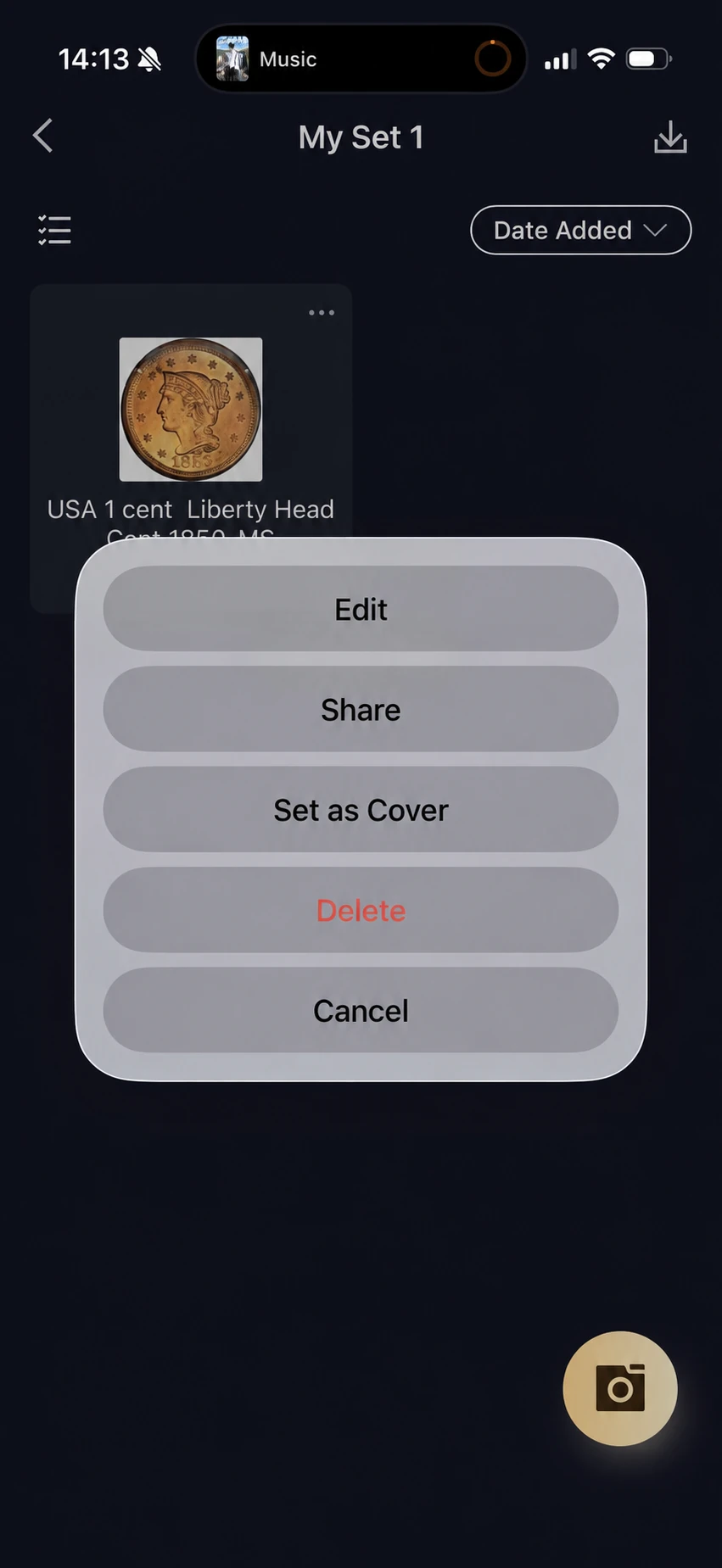 Individual coin menu: Edit, Share, Set as Cover and Delete.
