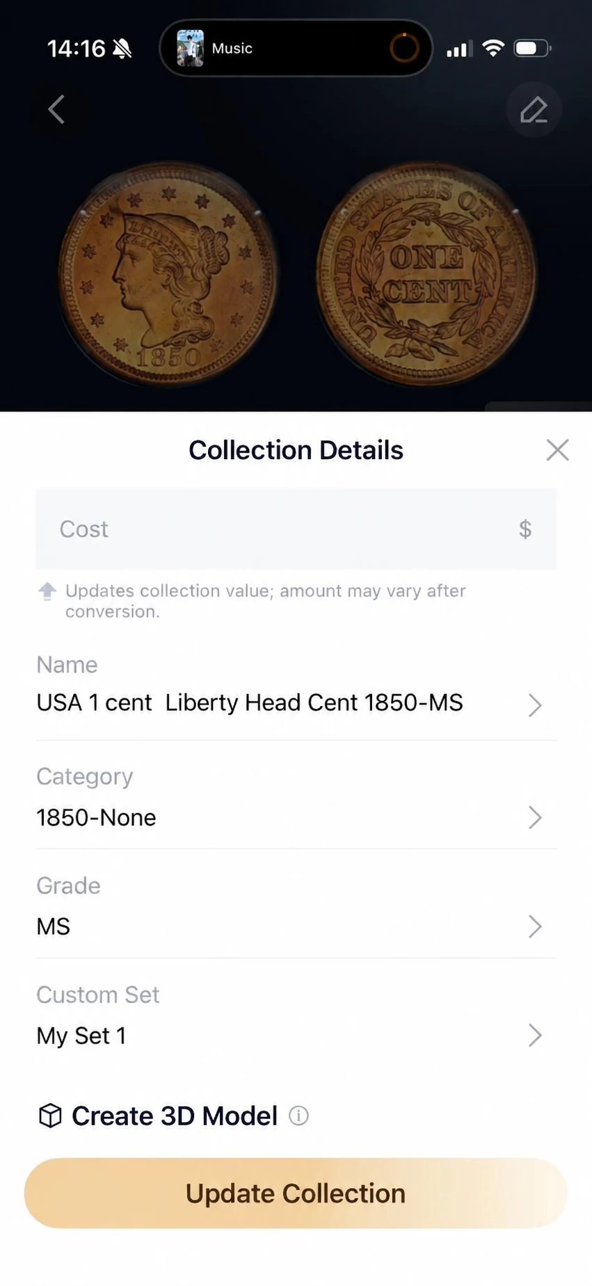 Edit the coin identity, category, grade and cost.