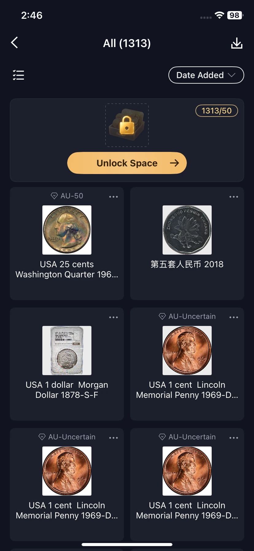 Browse saved records with sorting, selection and item menus.