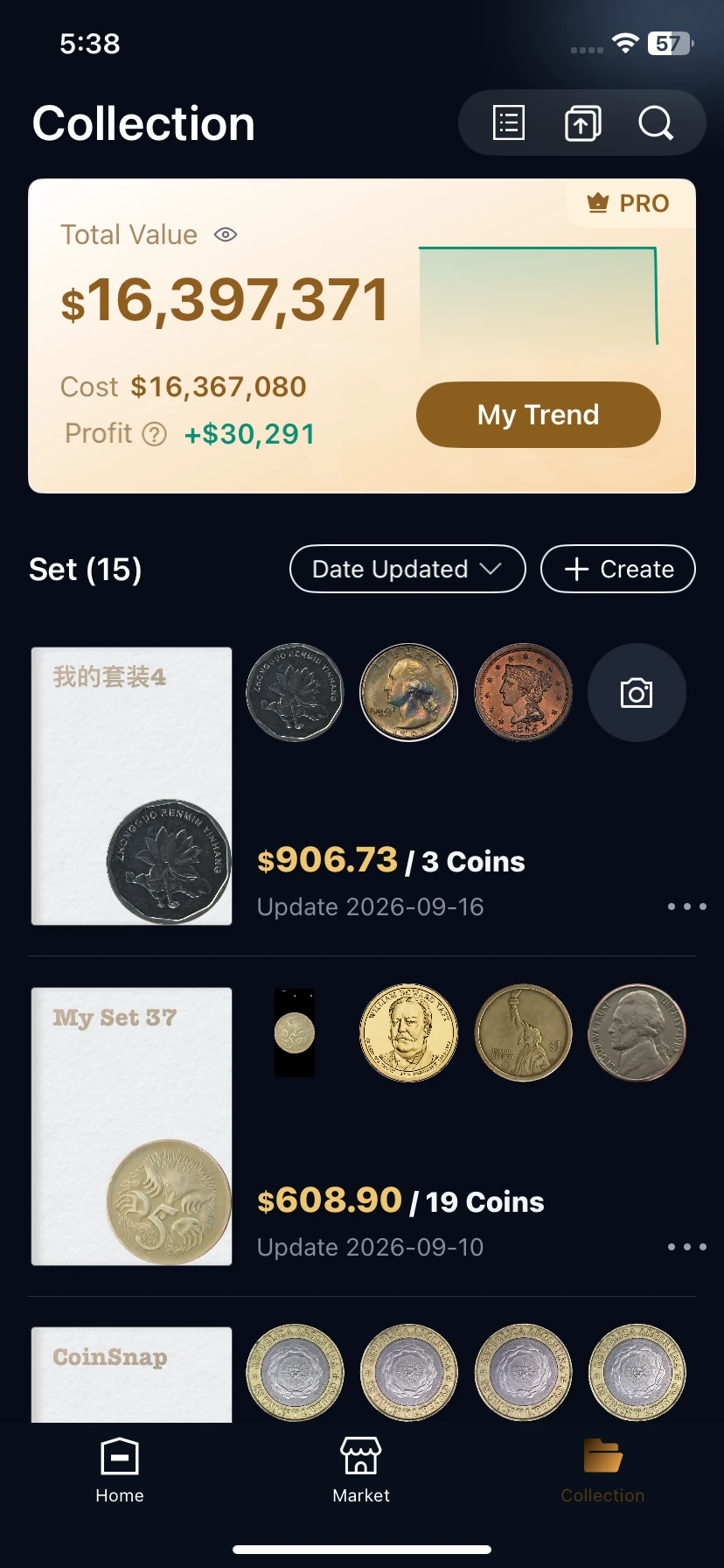 Collection shows Total Value, Cost, Profit, My Trend and values for each set.