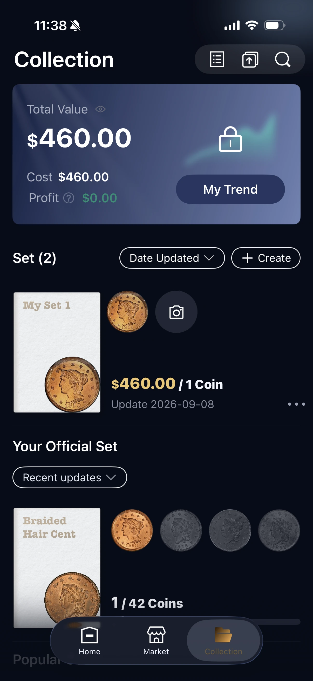Enter Collection from the bottom navigation to find sets and adding tools.