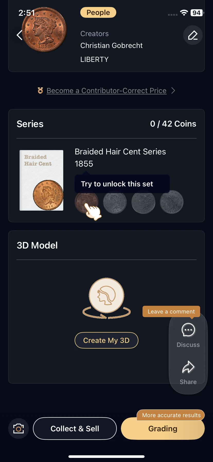 Coin detail page with the Create My 3D button