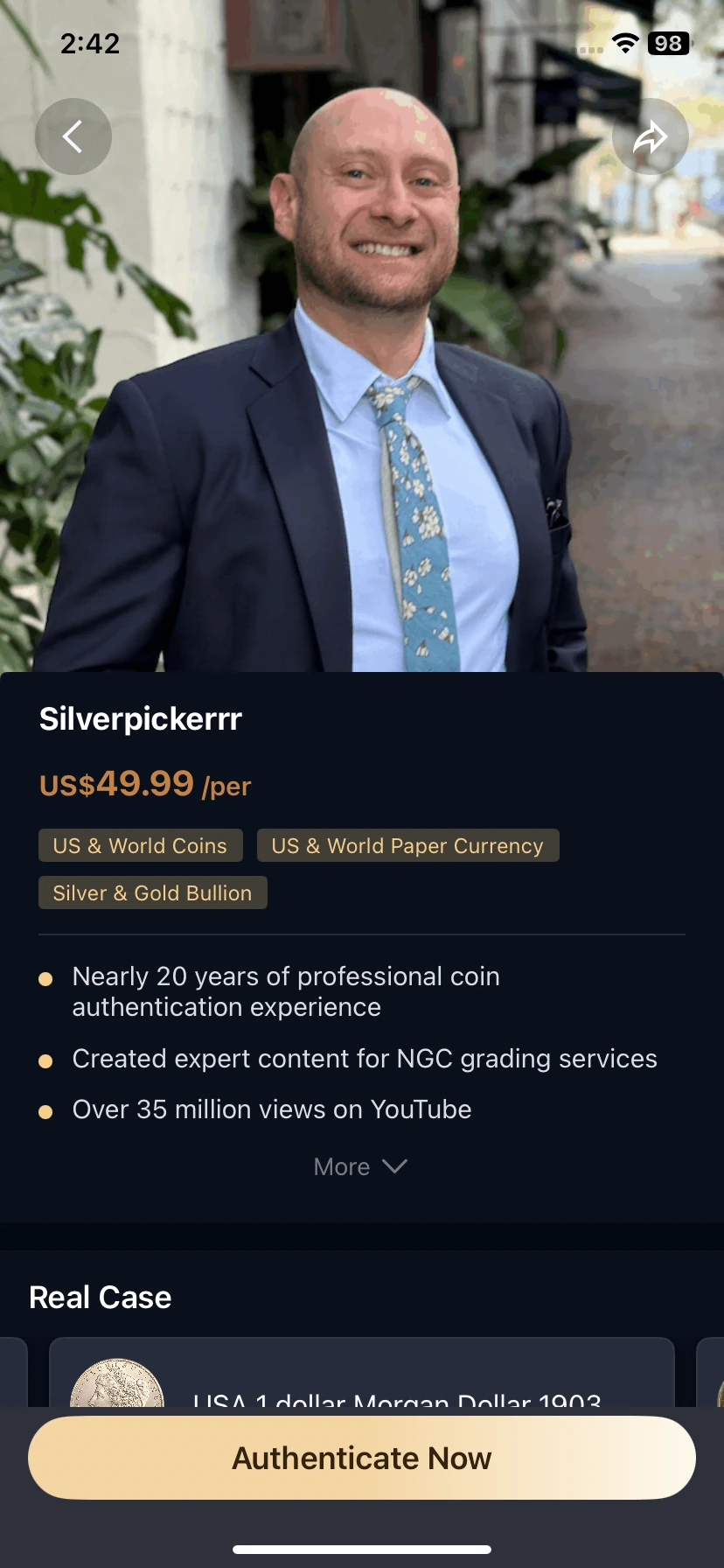 Specialist profile with stated areas of expertise and Authenticate Now.