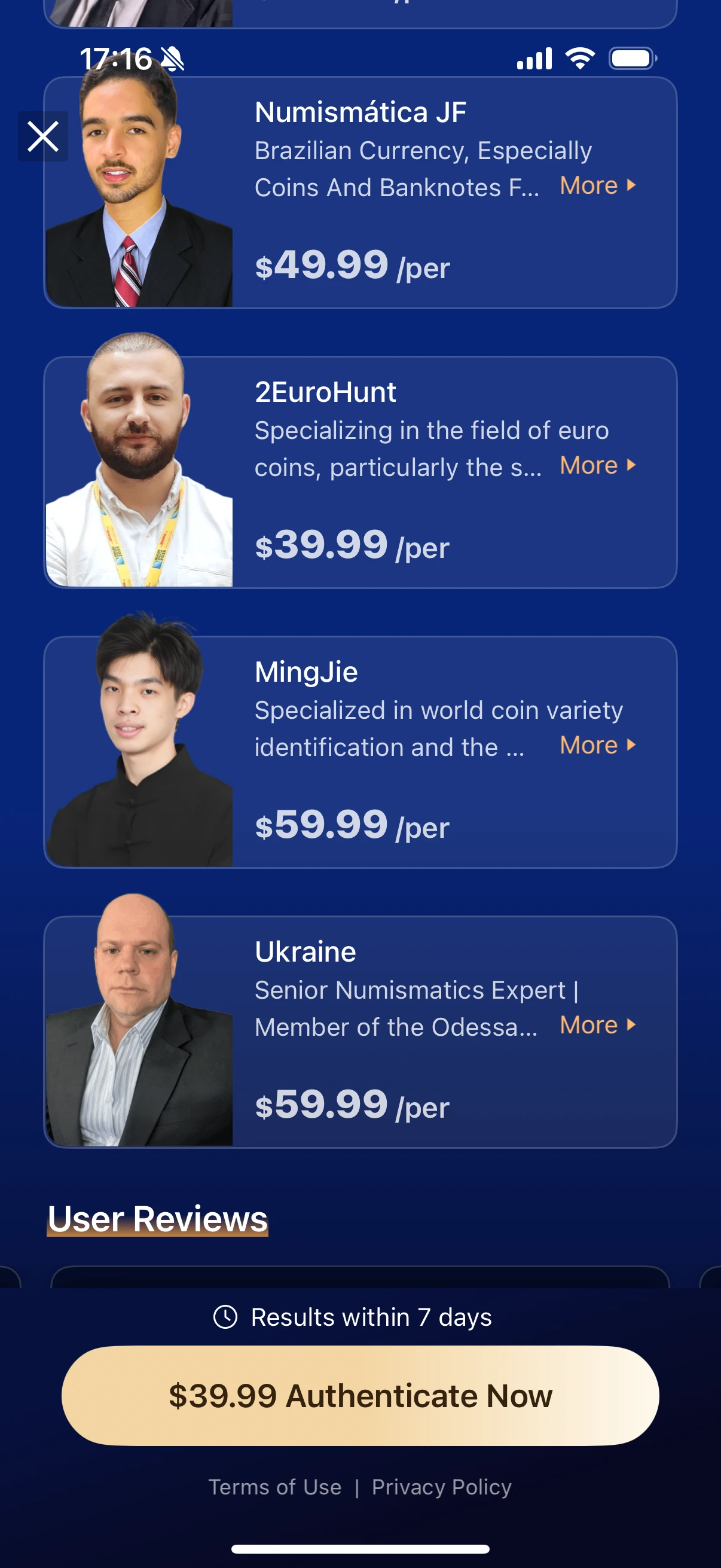 Additional expert profiles with fees of $39.99–$59.99.