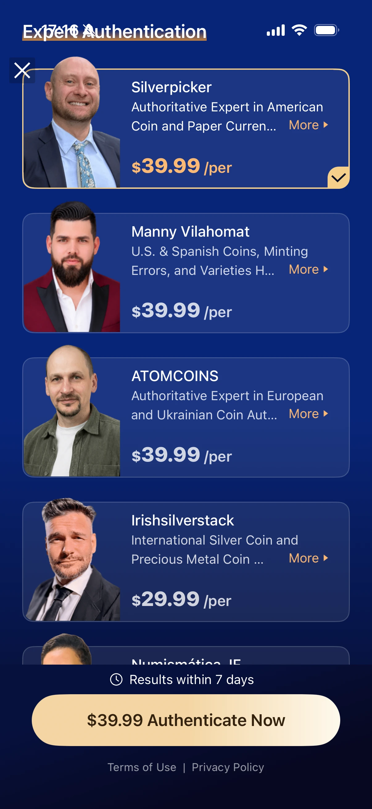 Expert profiles with individual fees of $29.99–$39.99.