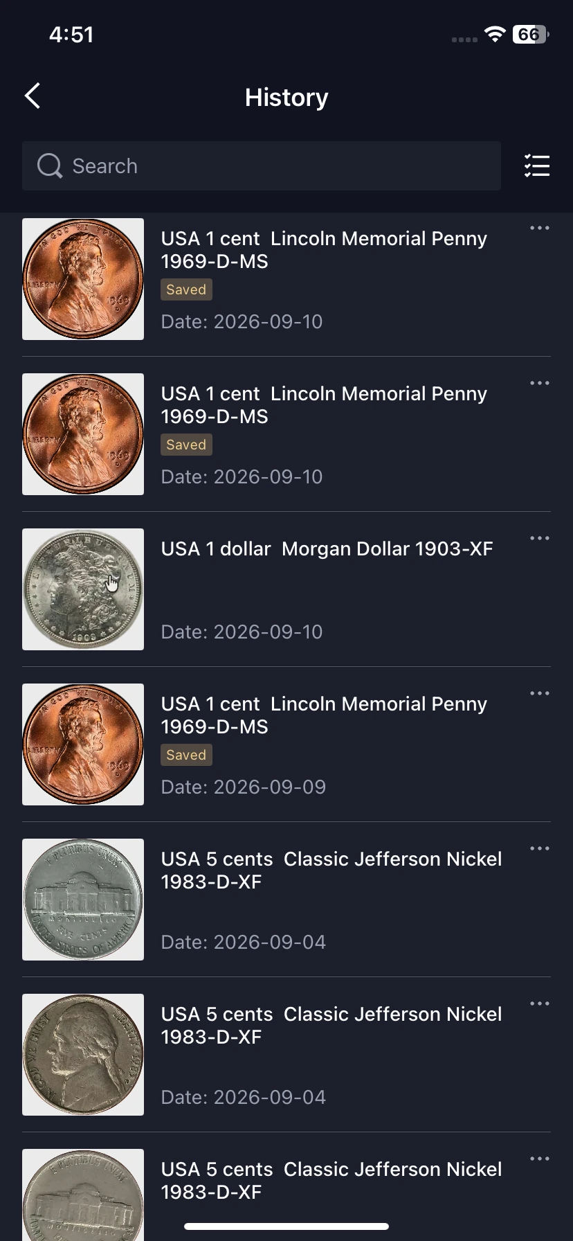 Identification History list with search, item images, names, dates and Saved labels.