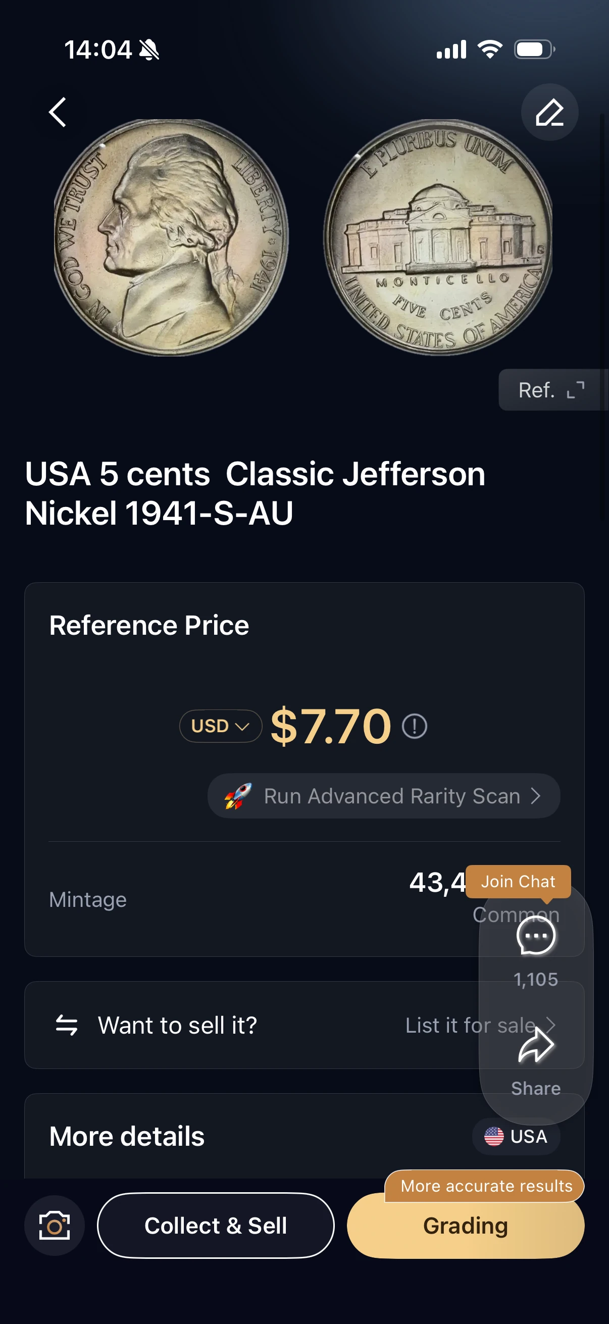 Use Collect & Sell at the bottom of an identification result.