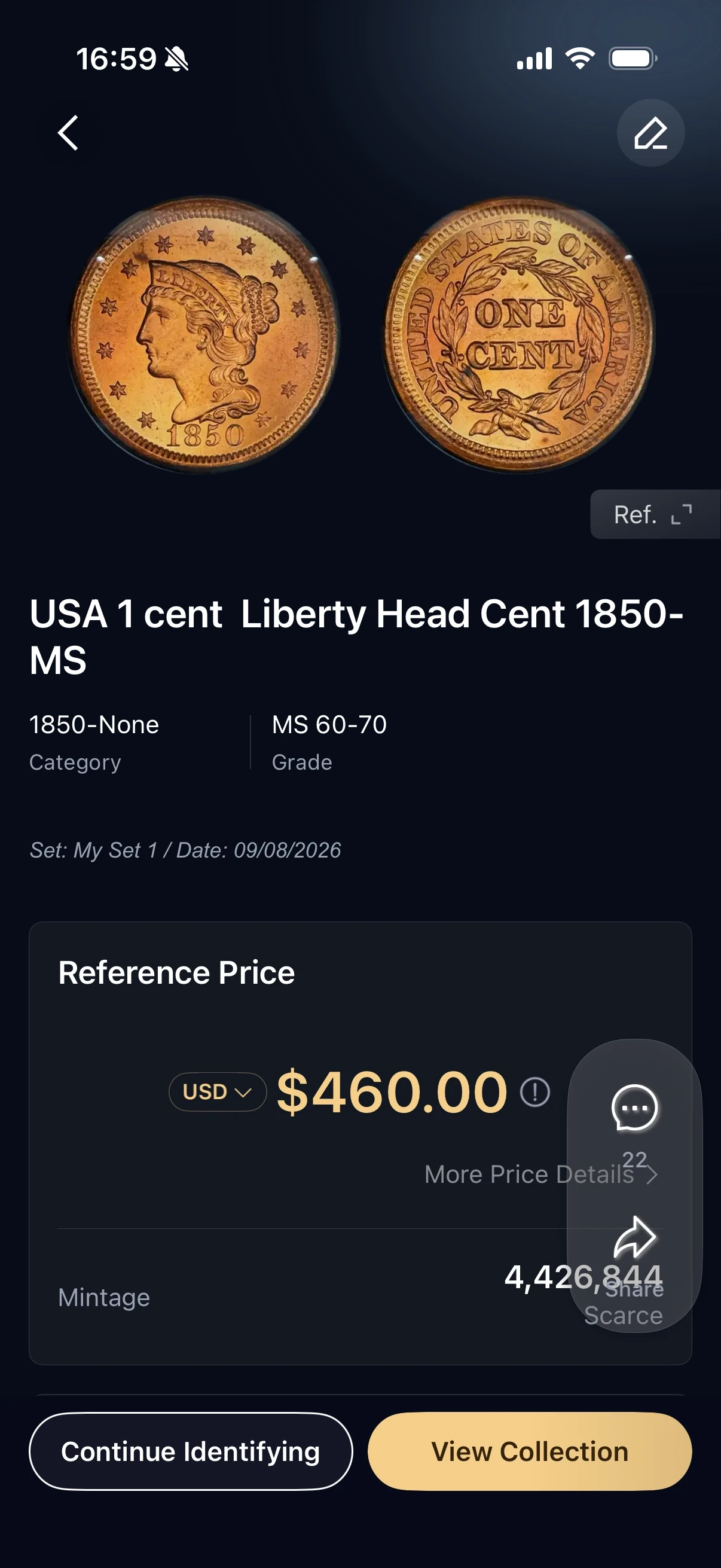 HeriBase result for the 1850 Liberty Head cent, with obverse, reverse and reference price
