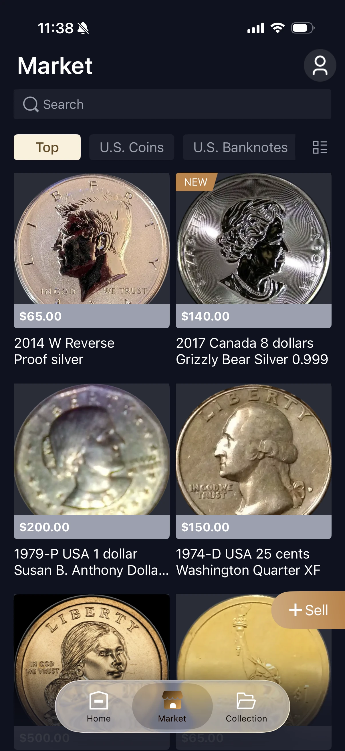 Market tab with search categories item prices and a Sell button