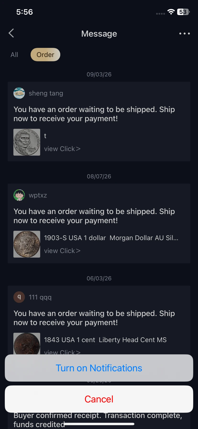 Message list with Order selected, shipping reminders and a Turn on Notifications menu.