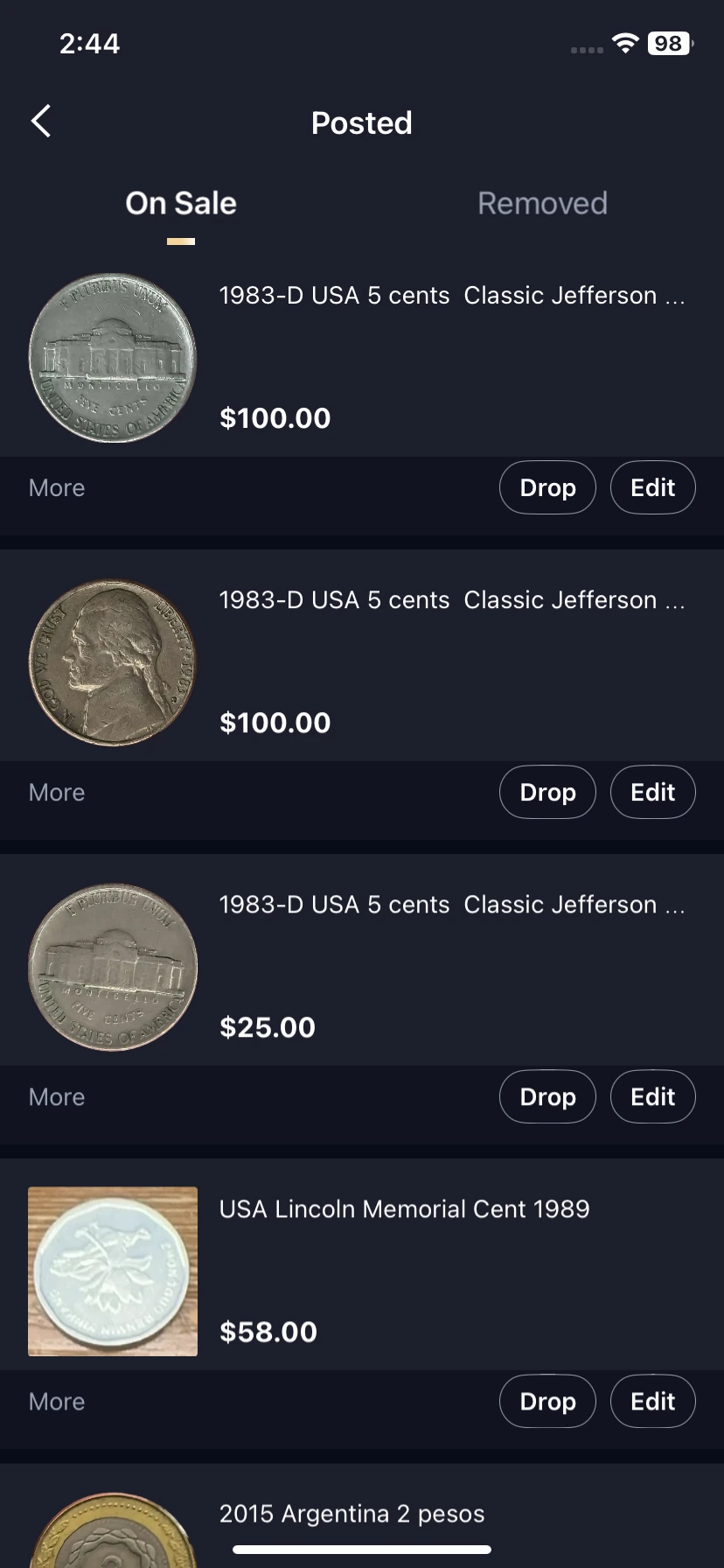 Posted listings with On Sale and Removed tabs, Drop and Edit controls.