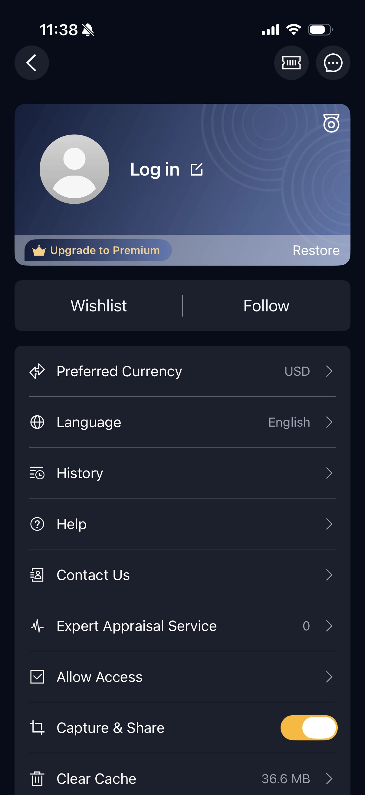 Profile showing Log in Restore Wishlist Follow currency language History Help and Expert Appraisal Service