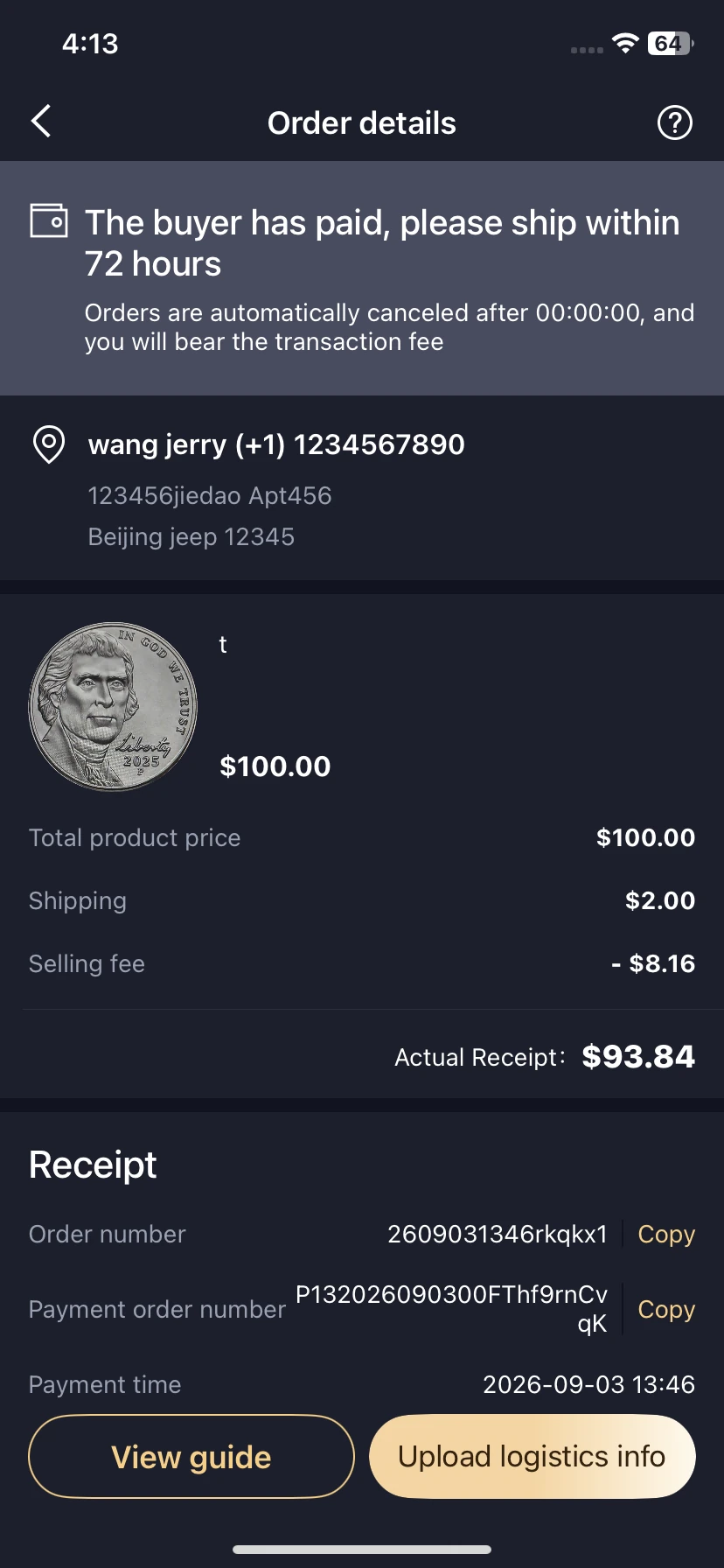Paid seller order with a shipping deadline and Upload logistics info button.