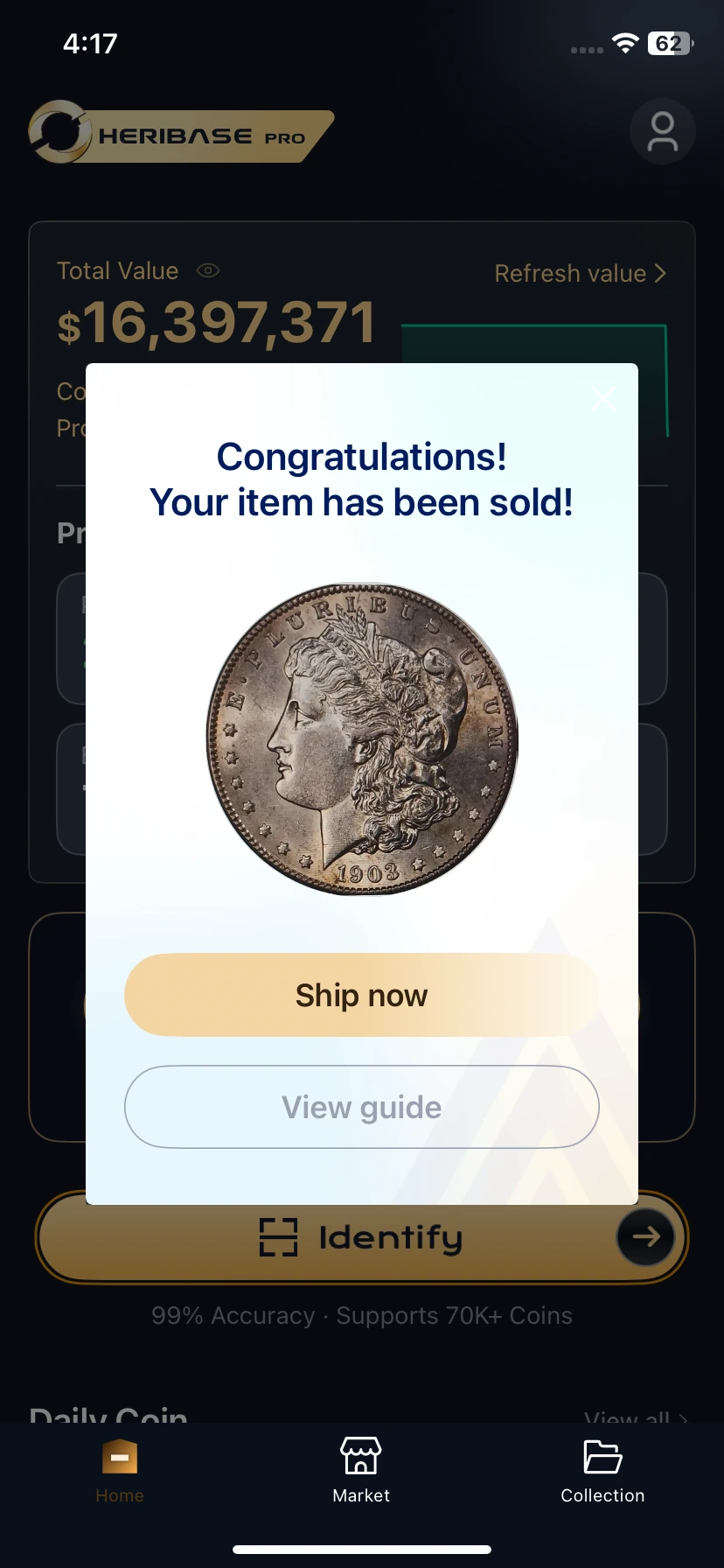 Item sold reminder with Ship now and View guide buttons