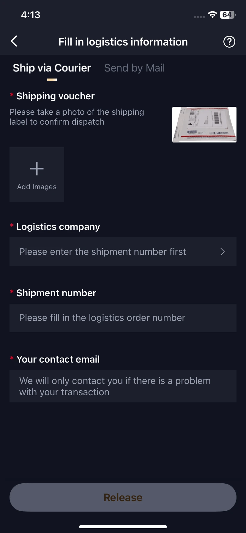 Courier shipping form for a voucher, carrier, shipment number and contact email.