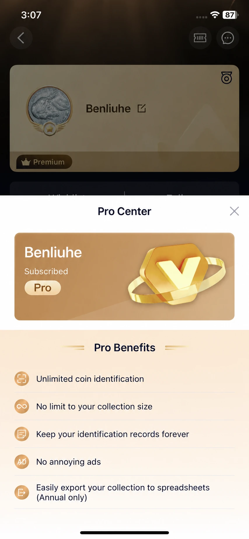 Pro Center showing Subscribed status and Pro benefits, including annual-only spreadsheet export