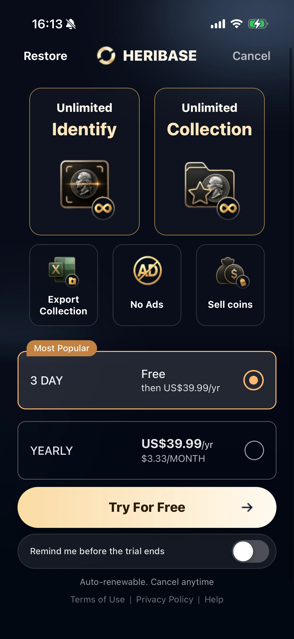 HeriBase offer with a three-day free trial, annual subscription and trial reminder switch
