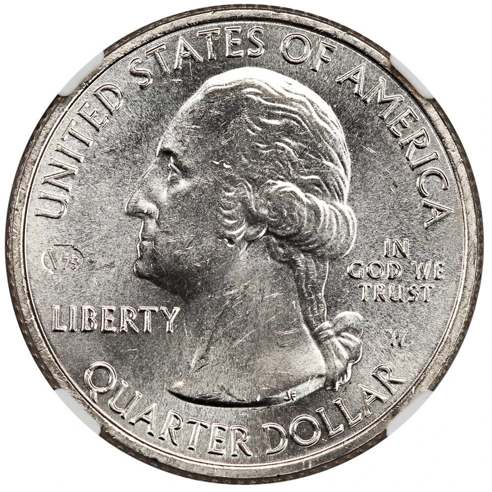 Obverse of a 2020-W American Samoa quarter: UNITED STATES OF AMERICA, QUARTER DOLLAR, W mint mark and V75 privy mark.