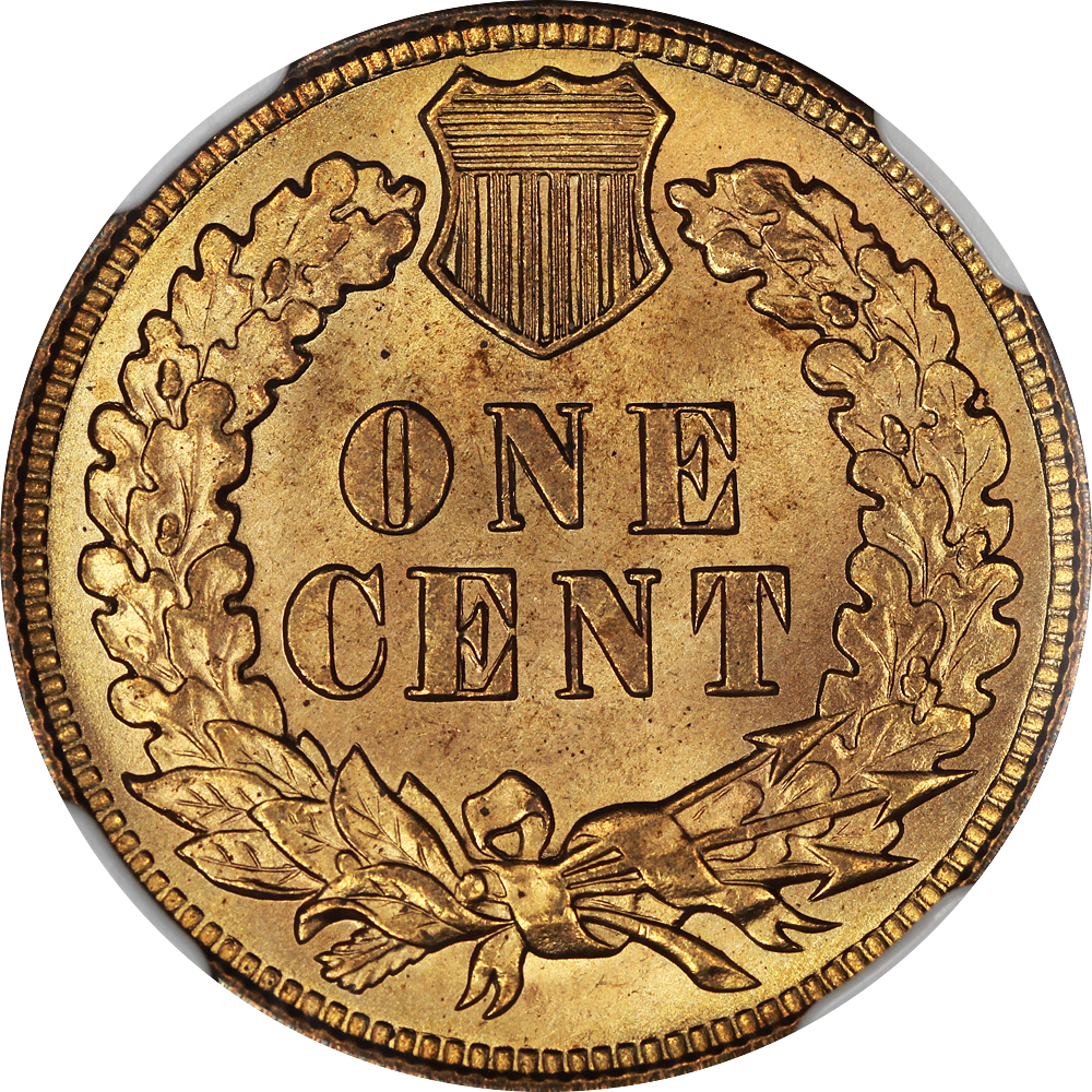 1909 Philadelphia Indian Head cent reverse showing the oak wreath and shield without an S mint mark