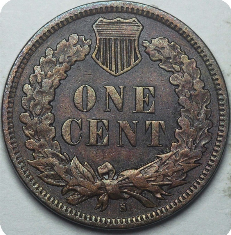 Reverse of a 1909-S Indian Head cent showing the S beneath the bow
