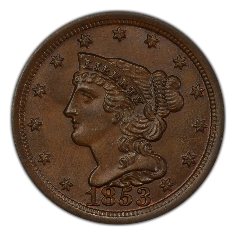 1853 Braided Hair half-cent obverse: read the date below Liberty.