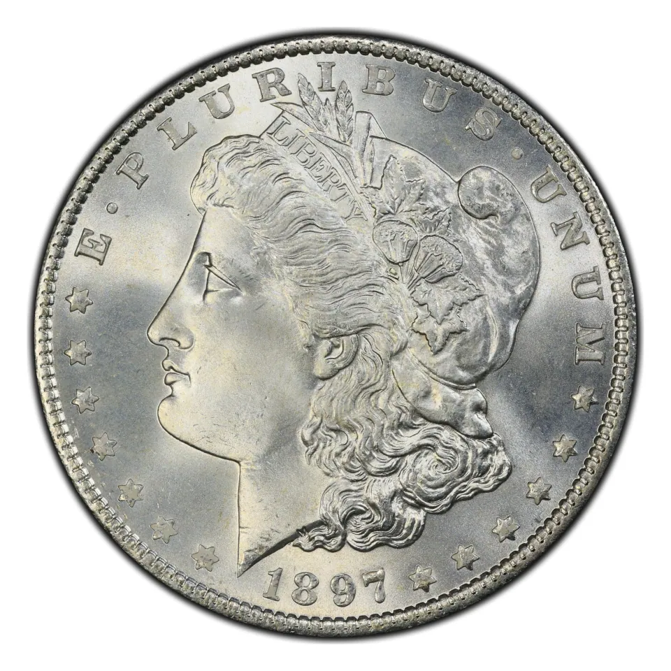 1897 Philadelphia Morgan dollar obverse: read the complete date below Liberty.